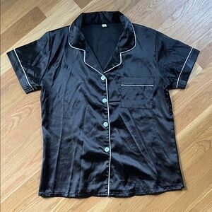 Black Silky Button-Up Pajama Top and Bottoms